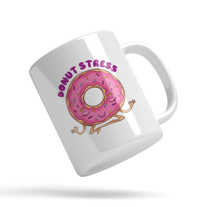 Cana Cu Gogoasa Glazurata Roz Stand In Pozitie De Yoga, Text Haios In Engleza Donut Stress, Dulciuri 330 ml, Maner Alb