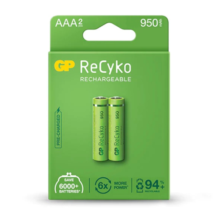 Комплект от 2 батерии AAA (R3) GP 1000AAAHC-2PL2 Recyko, 1000mAh, Ni-MH ...