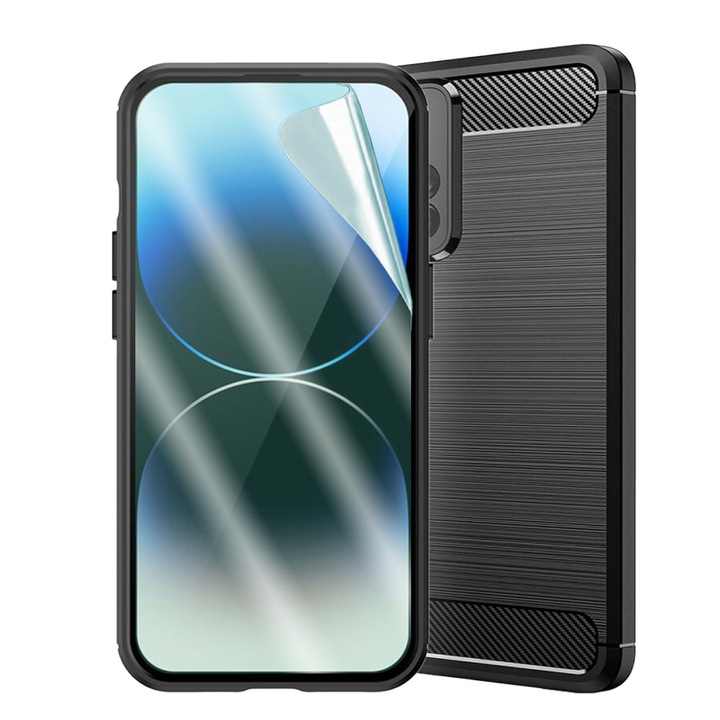 Комплект карбонов калъф и регенерируемо хидрогел силициево фолио, Hydro-Crystal за Xiaomi Mi 11i / Poco F3, дълготрайна устойчивост, пълен 360 защитен пакет, черен