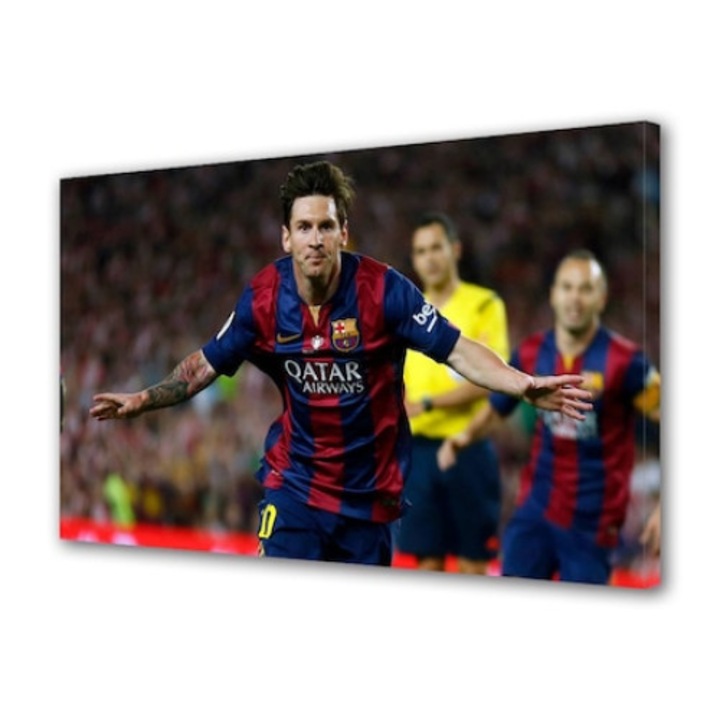 Tablou decorativ, de perete, cu rama din lemn, Messi dupa gol, 33 x 24 cm