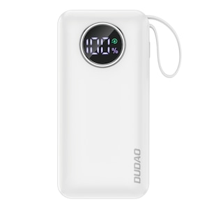 Baterie externa portabila Dudao, 10000 mAh, 22,5 W, port USB & USB Type-C, cablu compatibil Apple si USB Type-C inclus, afisaj LED, dimensiuni reduse, alb