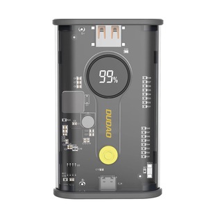 Baterie externa portabila Dudao, 10000 mAh, 22,5 W, port USB & USB Type-C, afisaj LED, dimensiuni reduse, design modern, transparent