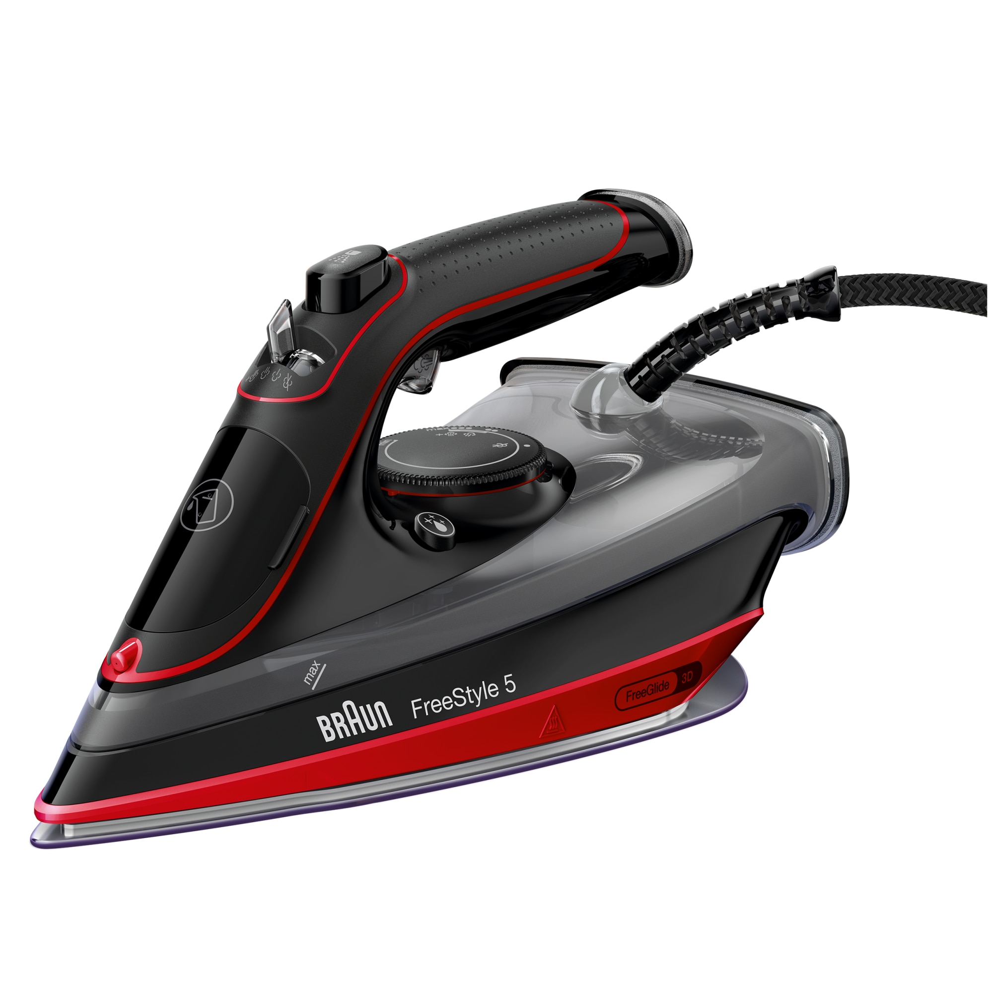 Fier de calcat Braun FreeStyle 5 SI5057RD, 2700W, jet de abur 220g/min, abur variabil 0-50 g/min, talpa SuperCeramic, rezervor 300 ml, tehnologie FreeGlide, oprire automata, sistem