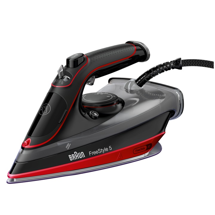 Fier de calcat Braun FreeStyle 5 SI5057RD, 2700W, jet de abur 220g/min, abur variabil 0-50 g/min, talpa SuperCeramic, rezervor 300 ml, tehnologie FreeGlide, oprire automata, sistem antipicurare, negru/rosu