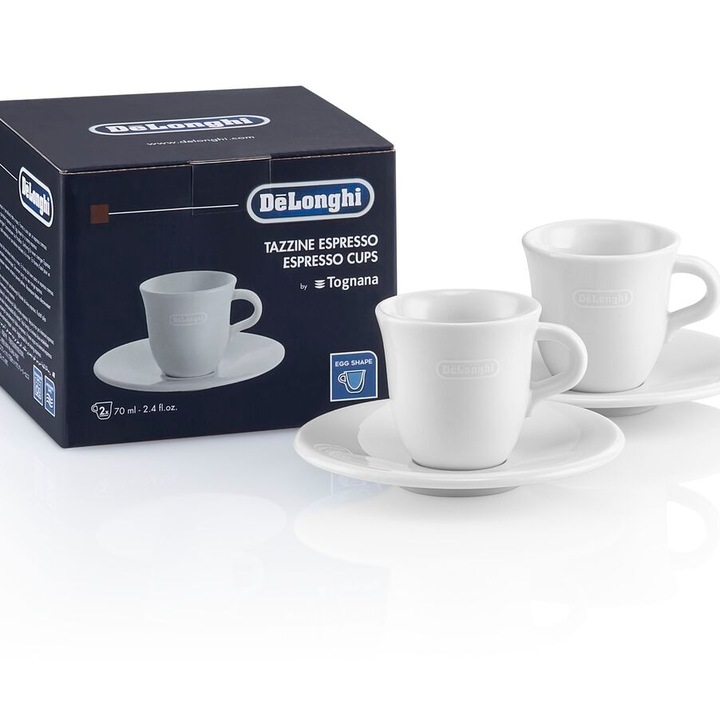 Set 2 Cesti + 2 Farfurii espressor, DeLonghi, Alb