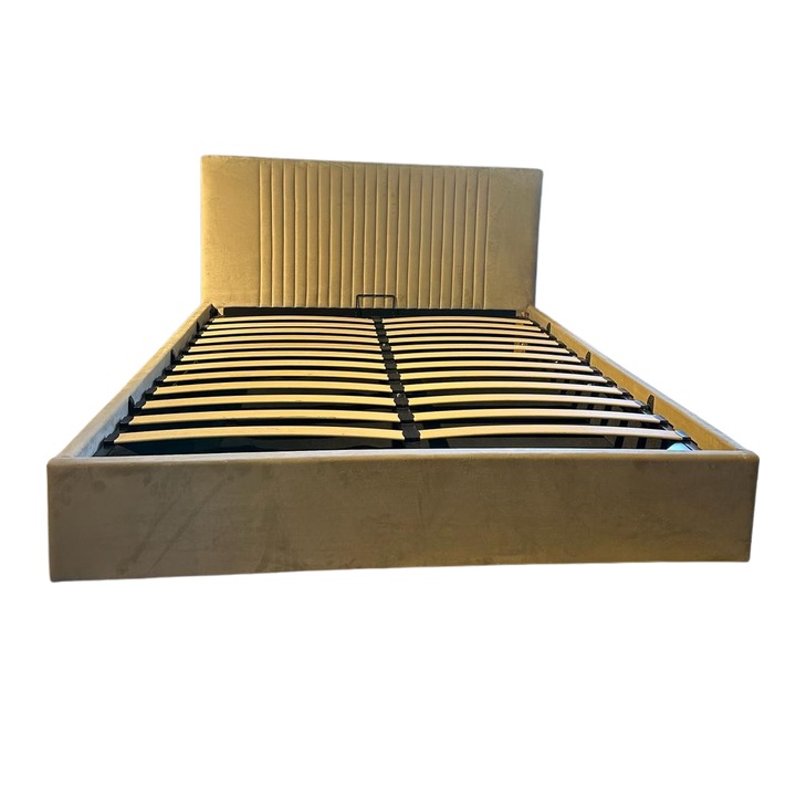 Pat dormitor tapitat model Stripes cu somiera metalica rabatabila si spatiu de depozitare, Culoare bej, 160x200 cm