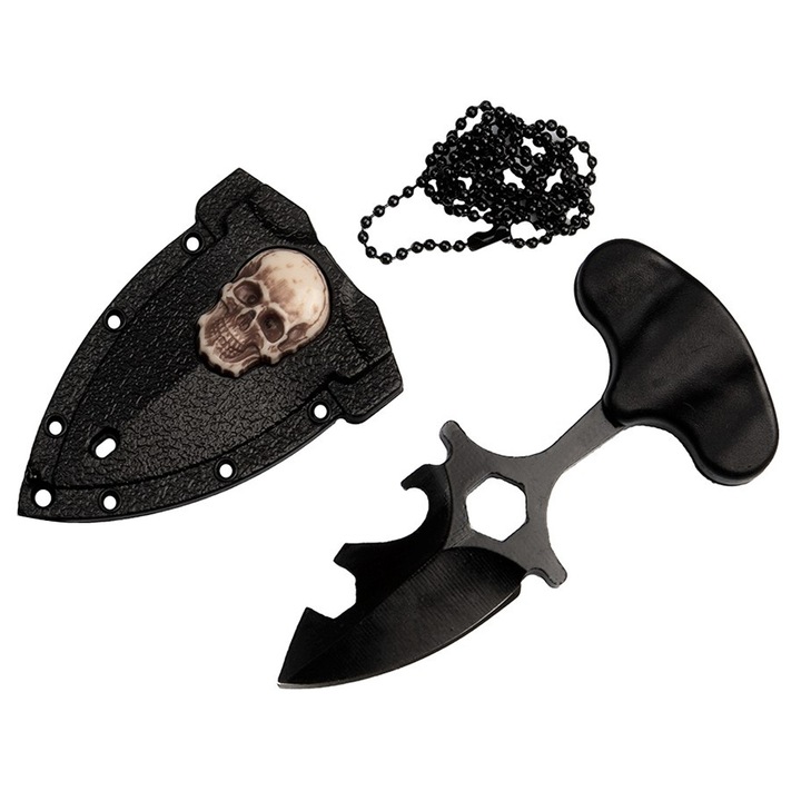 Depox taktikai kempingkés, Broken Death, 8 cm, fekete, tokkal együtt