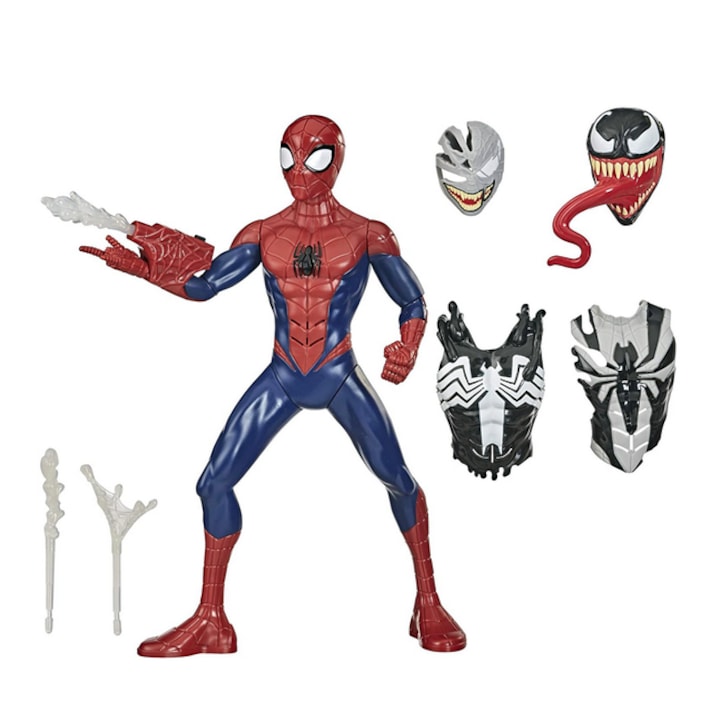 Set 3 in 1 figurina Spiderman Maximum Venom cu sunete interactive, armura si lansator, Hasbro, 34 cm
