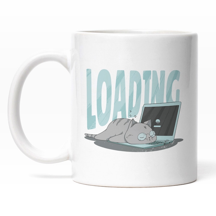 Cana Cu Pisica Cu Ochelari Dormind Pe Laptop, Work From Home, Loading, Iubitorii De Pisici Si Motani, Multicolor, 330 ml, Maner Alb