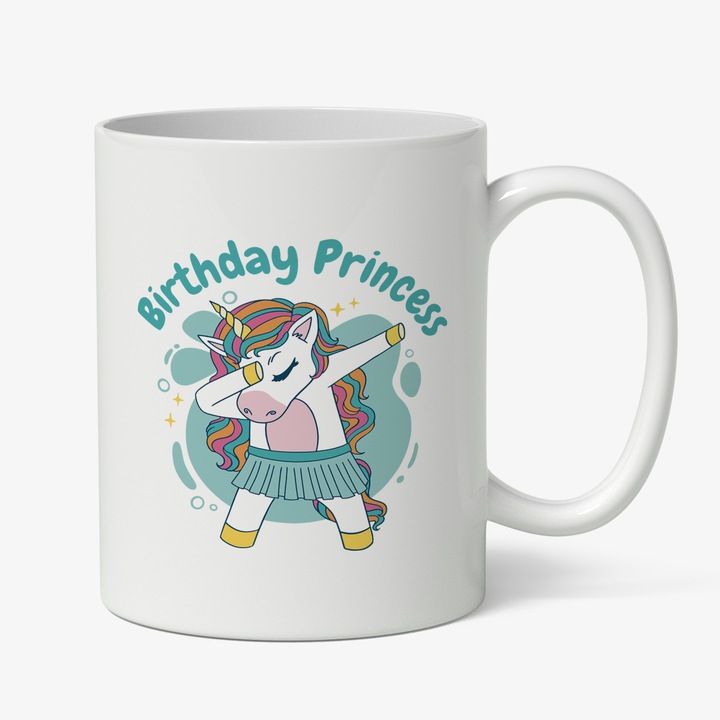 Cana Cu Unicorn Facand Semnul Dabb, Text In Engleza Birthday Princess, Unicorn Cu Coama Multiolor, Fete, Desene Animate, 330 ml, Maner Alb