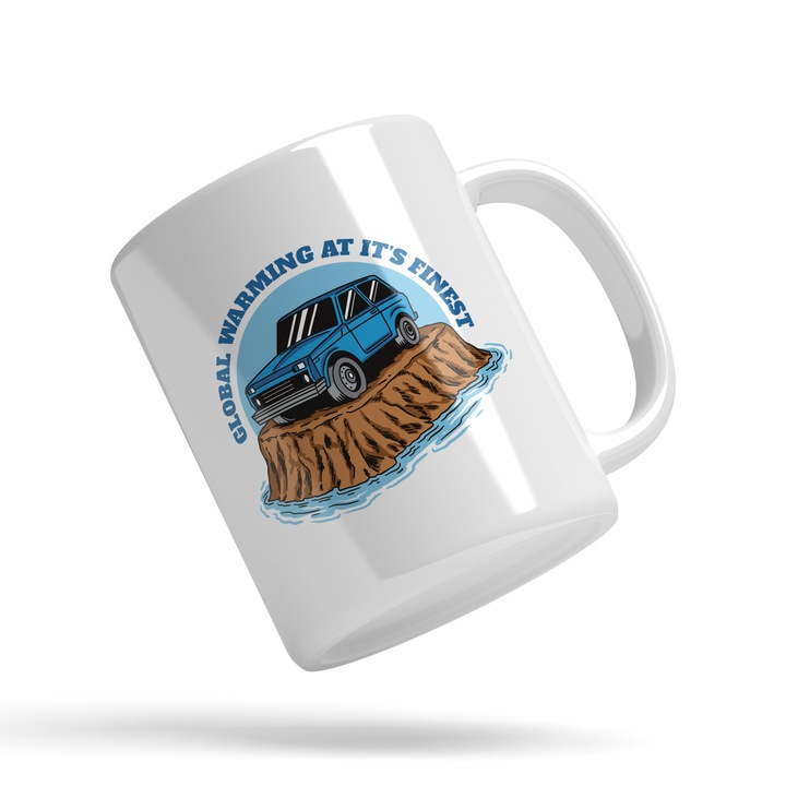 Cana Cu Masina Pe O Insula Patrarta, Text In Engleza Global Warming At It's Finest, Masina Albastra 4X4, 330 ml, Maner Alb