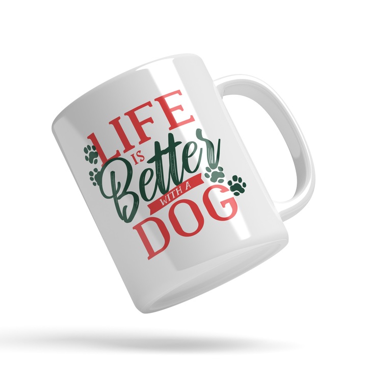 Cana Cu Text In Engleza Life Is Better With A Dog, Urme Labute De Animal, Iubitorii De Caini, Roz Verde 330 ml, Maner Alb