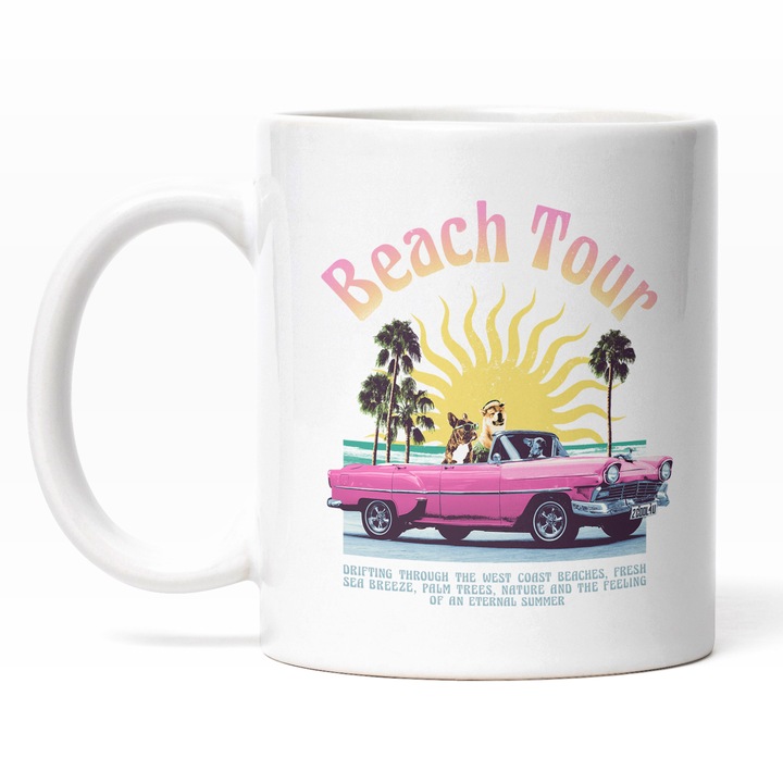 Cana Cu Masina Sport Caini La Volan, Beach Tour, Apus De Soare, Priveliste Exotica, Relaxar, 330 ml, Maner Alb