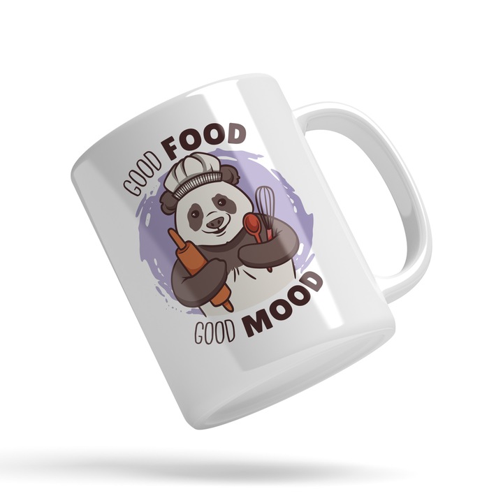 Cana Cu Urs panda Bucatar, Text In Engleza Good Food Good Mood, Iubitorii De Mancare, Relaxar, 330 ml, Maner Alb