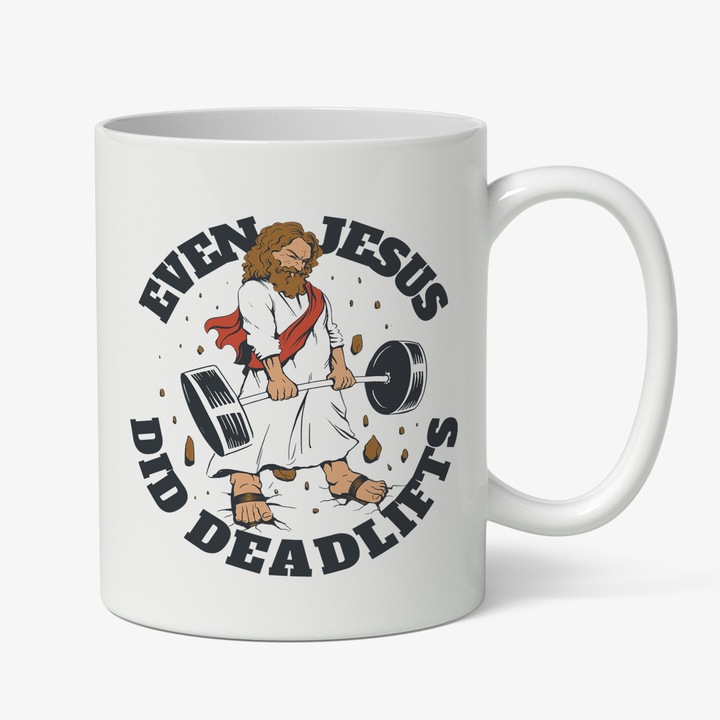 Cana Cu Silueta Barbateasca Stil Iisus Ridican Gantere, Text In Engleza Even Jesus Did Deadlifts, Gym, Multicolor 330 ml, Maner Alb