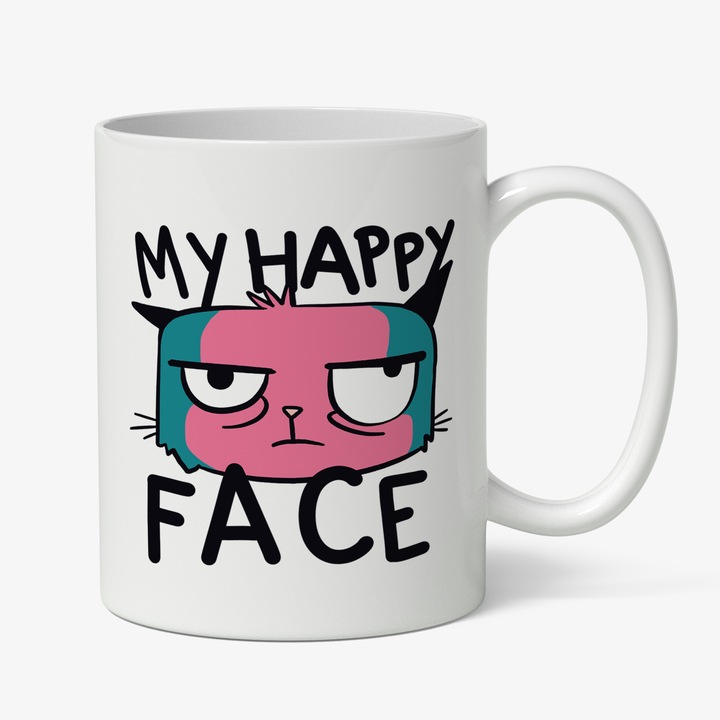 Cana Cu Pisica Suparata, Text In Engleza My Happy Face, Animale Blanoase, Pisici Si Motani 330 ml, Maner Alb