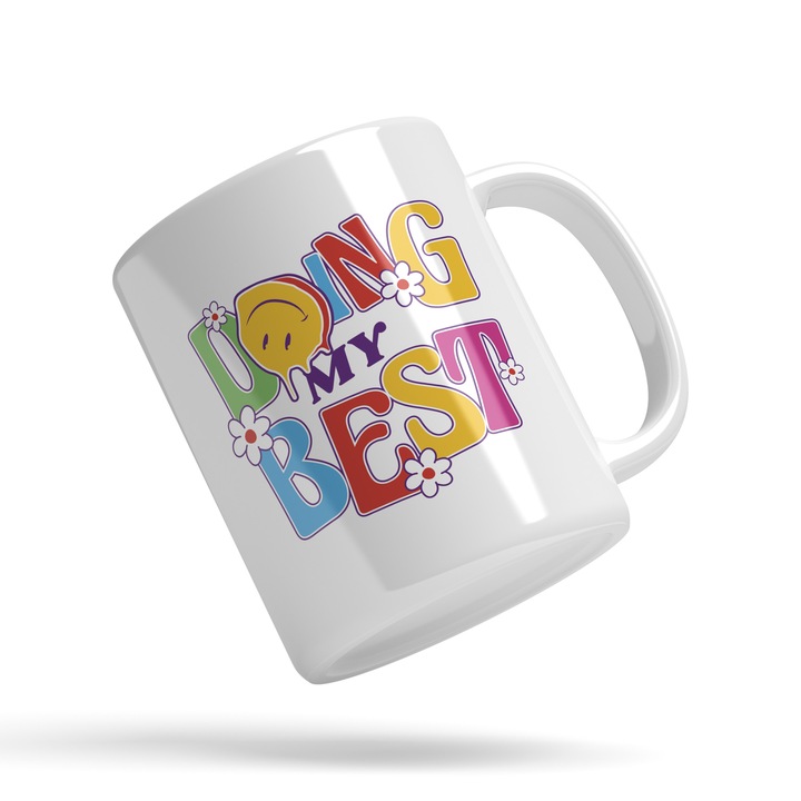 Cana Cu Text Stil Graffiti In Engleza Doing My Best, Smiley Face Curgatoare, Flori, Epuizare Psihica 330 ml, Maner Alb