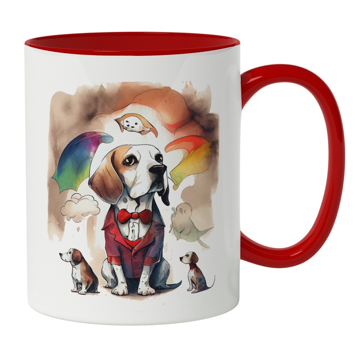 Cana Cu Caine Mic In Costum Rosu Cu papion, Pictura Curgatoare, Iubitorii De Caini, Cer Intunecat, Multicolor 330 ml, Maner Rosu