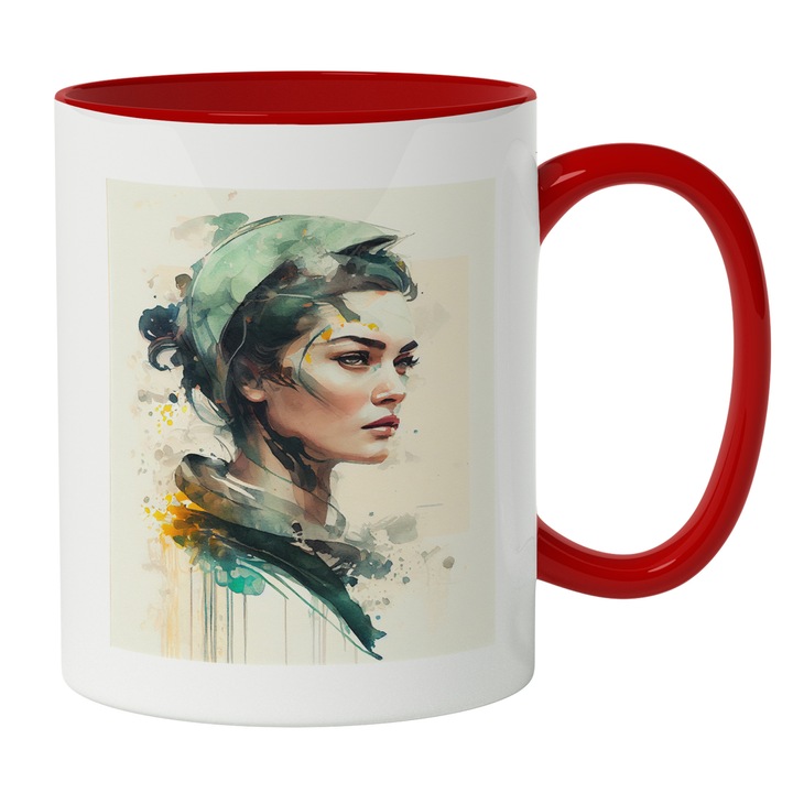 Cana Cu Portret Fata Bruneta Palarie Verde, Tinuta Cu Guler Verde, Pictura Curgatoare, Chip Feminin, Multicolor 330 ml, Maner Rosu