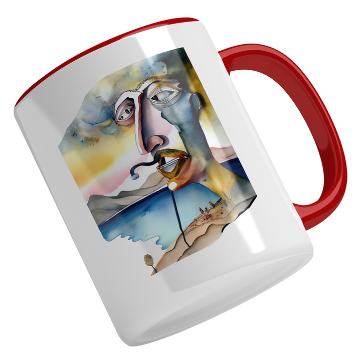 Cana Cu Portret Caricatura, Om Trabuc, Malul Marii Albastre, Pictura, Cer Galben, Multicolor 330 ml, Maner Rosu