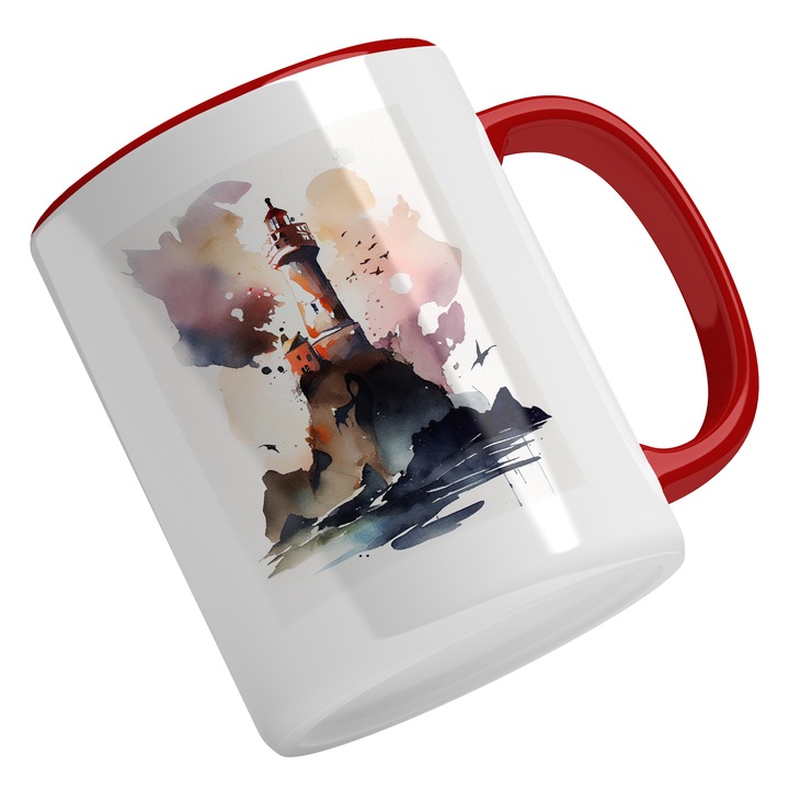 Cana Cu Pictura Turn Far, Stanci Inalte, Mare Infinita, Pasari Libere, Apus De Soare, Multicolor 330 ml, Maner Rosu