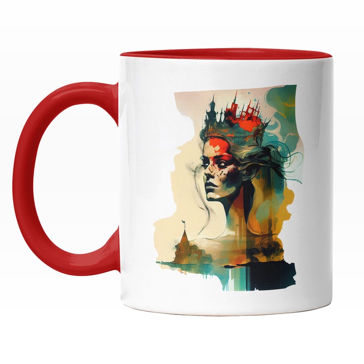 Cana Cu Portret Regina, Coroana DE Aur Imensa, Mal De Mare, Pictura, Multicolor 330 ml, Maner Rosu