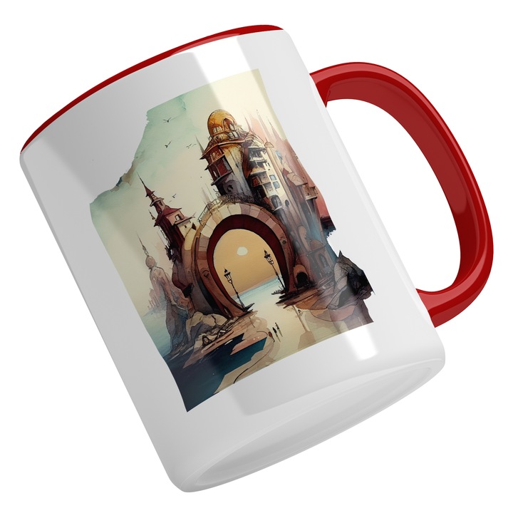 Cana Cu Cladire Abstarcta, Cladire Inalta, Usa Catre Univers, Apus De Soare, Mal De Mare, Iubitorii De Natura Multicolor 330 ml, Maner Rosu