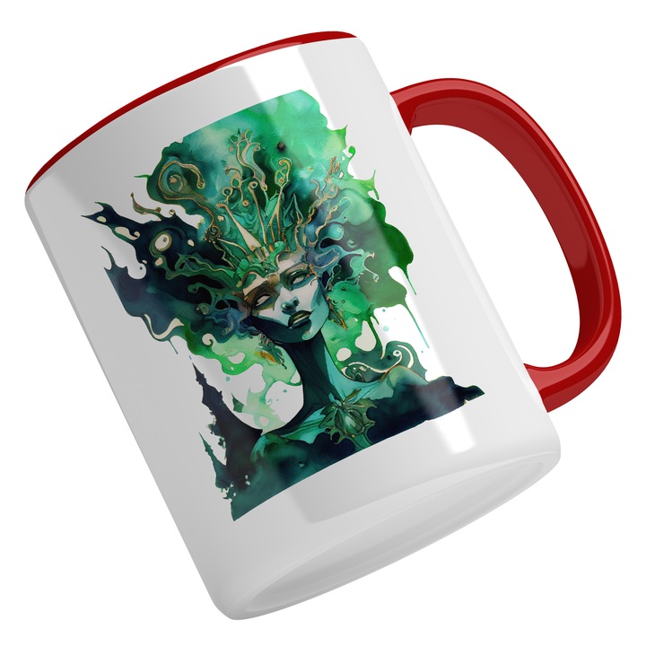 Cana Cu Portret Regina Extraterestru Femeie Verde, Coroana CU Piatra Smarald, SF, Univers Infinit Multicolor 330 ml, Maner Rosu