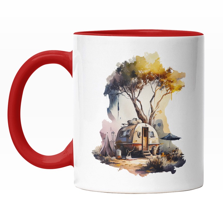 Cana Cu Peisaj Camping, Rulota Langa Copac, Aventura La munte, Zona Cu Padure, Iubitorii De Natura Multicolor 330 ml, Maner Rosu