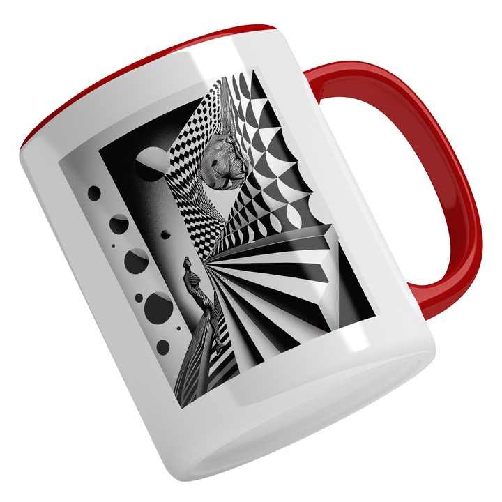Cana Cu Iluzie Optica, Hol Lung, Silueta Umana, Bile Cuburi, Coifuri, Univers Infinit, Alb Negru 330 ml, Maner Rosu