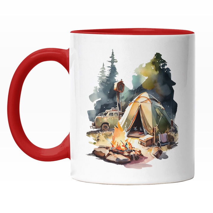Cana Cu Peisaj Camping, Cort Si foc De Tabara, Aventura La munte, Zona Cu Padure, Iubitorii De Natura Multicolor 330 ml, Maner Rosu