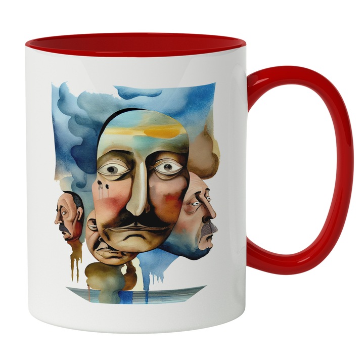 Cana Cu Portret Chipuri Barbatesti Cu Mustata, Puncte Negre Obraz, Malul Marii Albastre, Pictura, Cer Albastru, Multicolor 330 ml, Maner Rosu