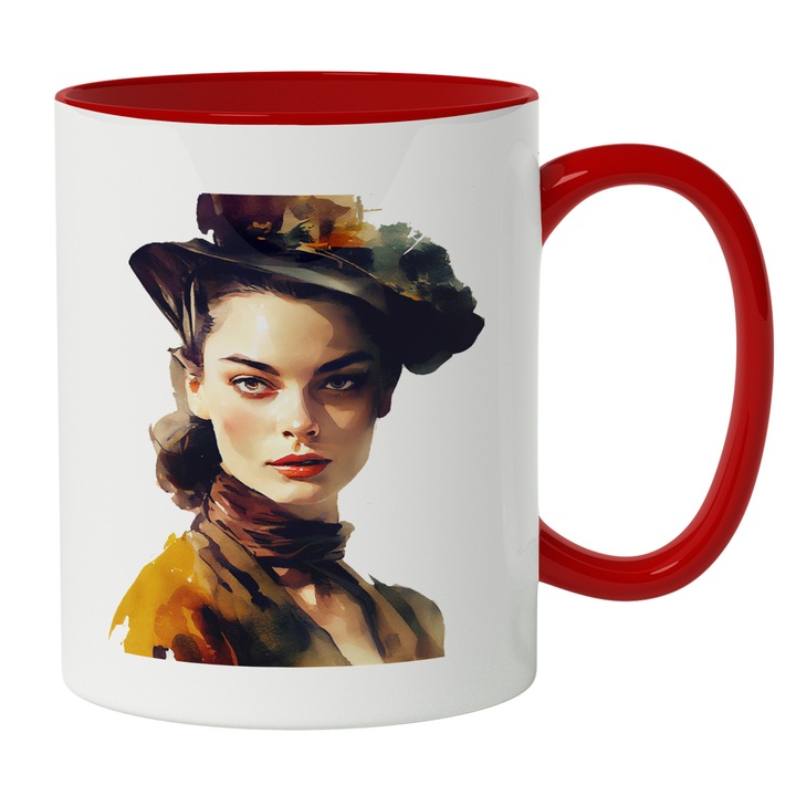 Cana Cu Portret Femeie Palarie Eleganta Heagra, Esarfa La Gat, Cu Decolteu, Buze Rosii, Portocaliu, Multicolor 330 ml, Maner Rosu