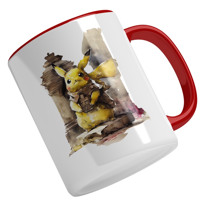 Cana Cu Pikachu Cercetas Intre Ziduri Vechi, Palton Maro, Pictura, Desene Animate, Multicolor 330 ml, Maner Rosu