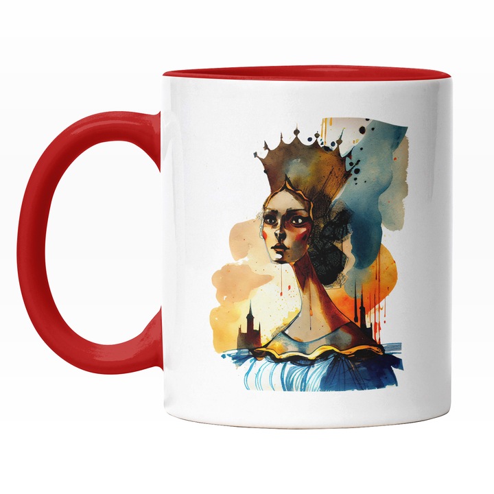 Cana Cu Portret Caricatura, Regina, Coroana DE Aur Imensa, Pictura, Multicolor 330 ml, Maner Rosu