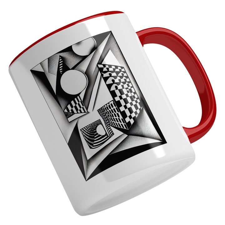 Cana Cu Iluzie Optica, Bile Cuburi, Coifuri, Univers Infinit, Alb Negru 330 ml, Maner Rosu