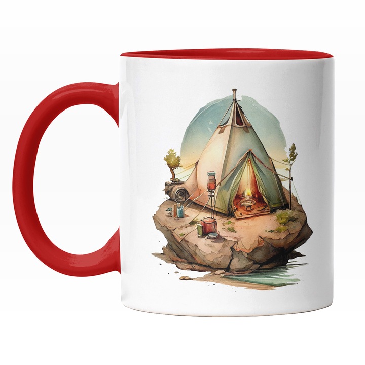 Cana Cu Peisaj Camping, Cort La Malul marii, Aventura La munte, Zona Cu Padure, Iubitorii De Natura Multicolor 330 ml, Maner Rosu