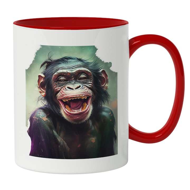 Cana Cu Maimuta Btrana Razand Cu Gura Larg Deschisa, Evolutia Omului, Animal Zalbatic, Jungla, Multicolor 330 ml, Maner Rosu