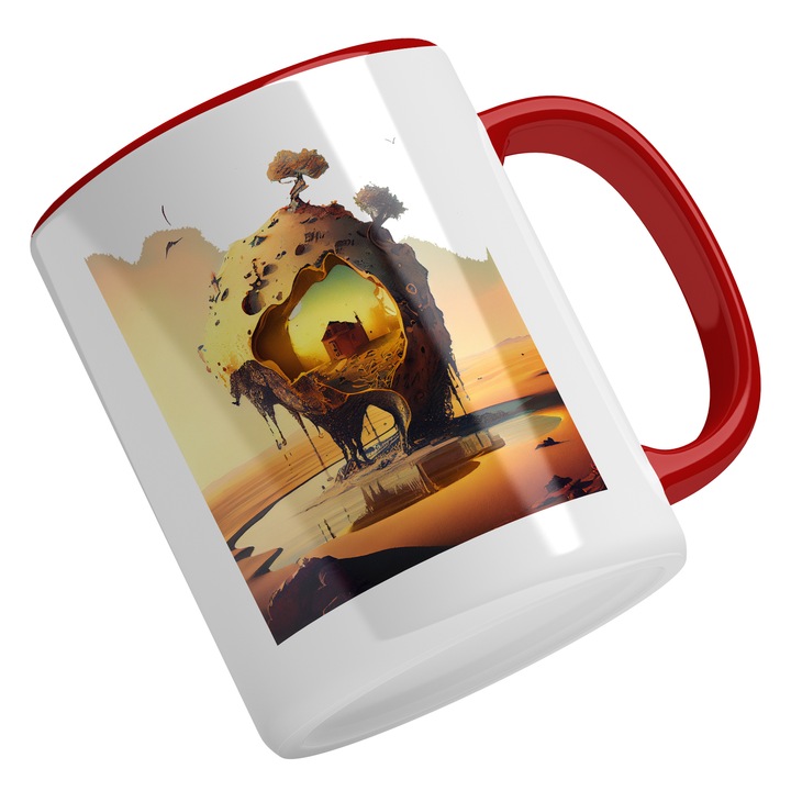 Cana Cu Univers Abstract, Sfera Pamant Zburator, Planeta Necunoscuta, Casa In Pustietate, Univers Infinit Multicolor 330 ml, Maner Rosu