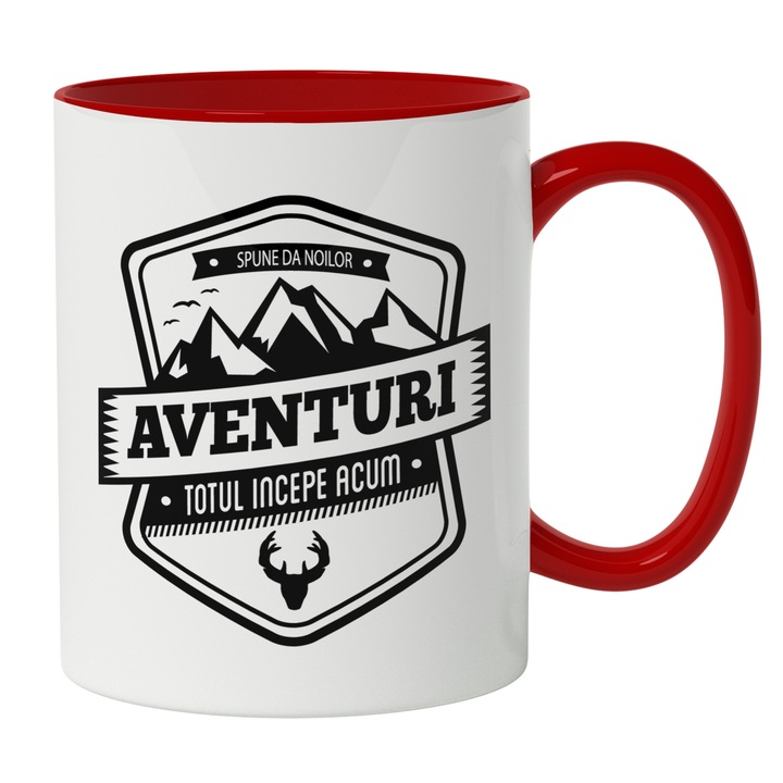 Cana Cu Text Spune Da Noilor Aventuri Totul Incepe Acum, Drumetie, Iubitorii De Aventura, Zona montana, Experiente, Multicolor 330 ml, Maner Rosu