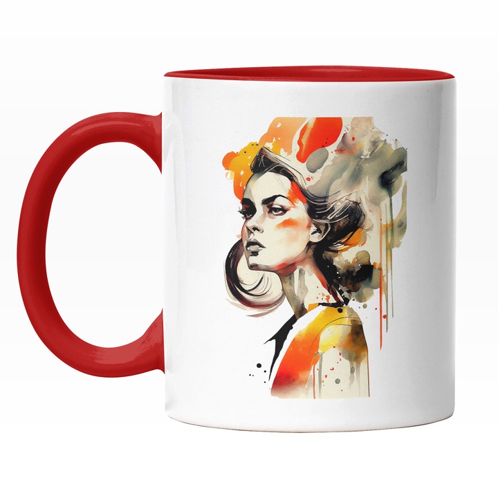Cana Cu Portret Pictura Curgatoare Femeie Par Brunet, Buze Rosii, Rosu Portocaliu, Multicolor 330 ml, Maner Rosu