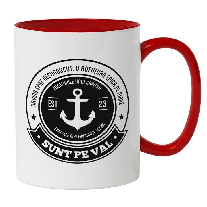 Cana Cu Text Sunt Pe Val, Barci, Drumetie, Iubitorii De Aventura, Zona montana, Experiente, Multicolor 330 ml, Maner Rosu