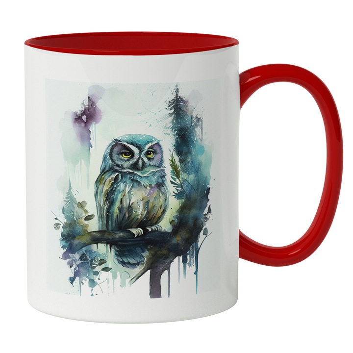 Cana Cu Pictura, Bufnita Pe O Creanga In Natura, Albastru, Animal Nocturn, Vietuitoare Zburatoare, Iubitorii De Natura Multicolor 330 ml, Maner Rosu