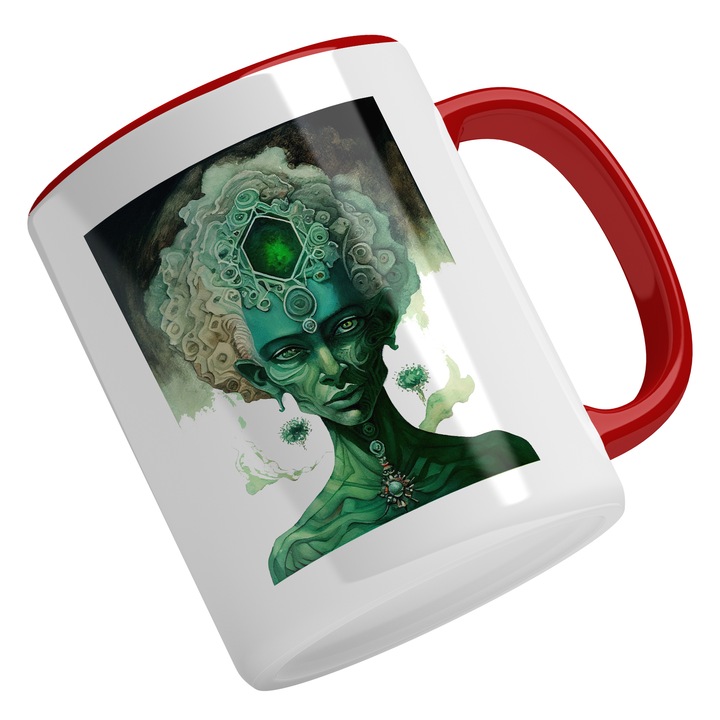 Cana Cu Portret Extraterestru Femeie Verde, Coroana CU Piatra Smarald, SF, Univers Infinit Multicolor 330 ml, Maner Rosu