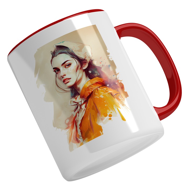 Cana Cu Portret Pictura Femeie Bandana, Buze Rosii, Tinuat Portocaliu Cu Guler Inalt Funda, Multicolor 330 ml, Maner Rosu