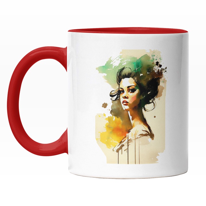 Cana Cu Portret Pictura Curgatoare Femeie Par Brunet, Buze Rosii, Portocaliu, Multicolor 330 ml, Maner Rosu