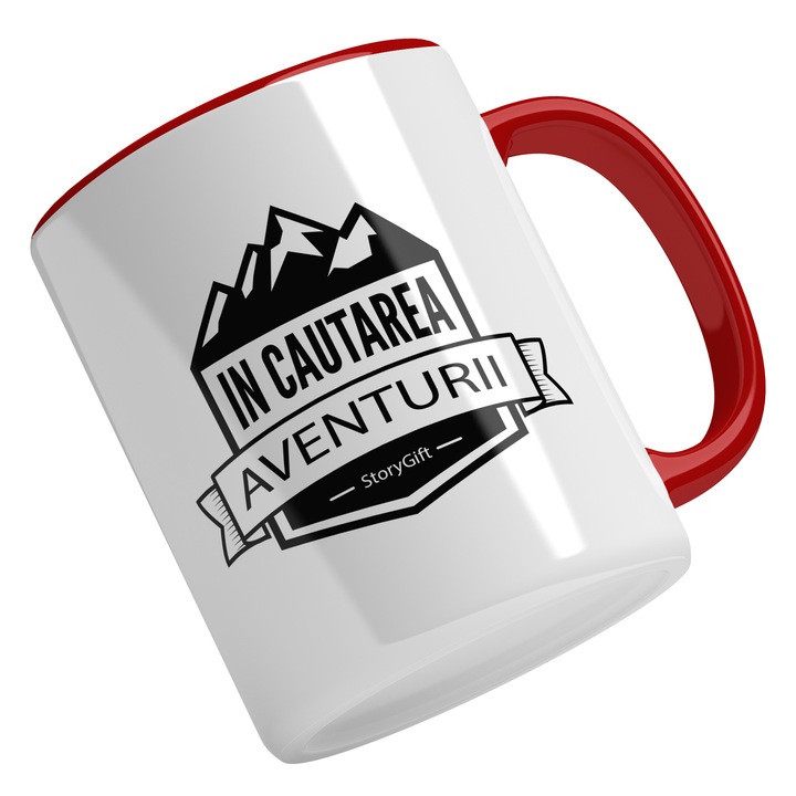 Cana Cu Text In Cautarea Aventurii, Drumetie, Iubitorii De Aventura, Zona montana, Experiente, Multicolor 330 ml, Maner Rosu