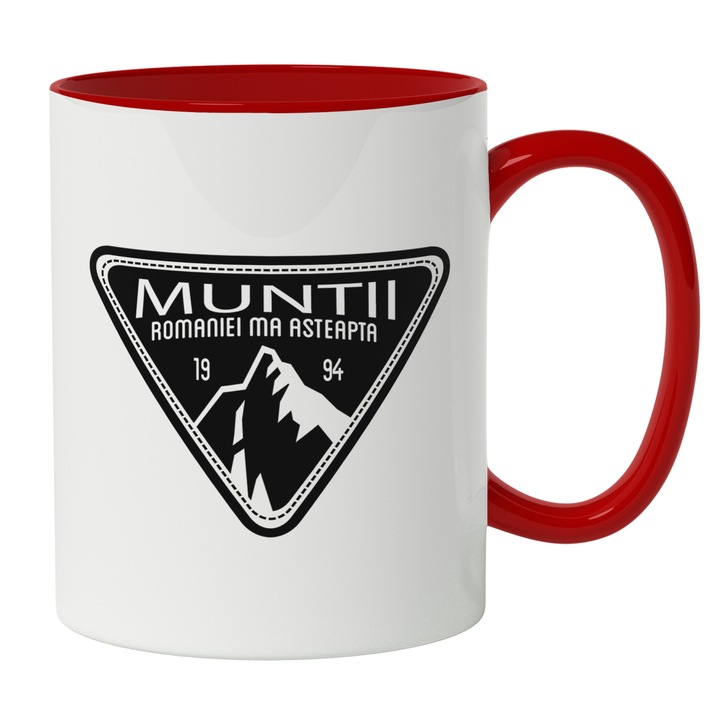 Cana Cu Text Muntii Romaniei Ma Asteapta, Drumetie, Iubitorii De Aventura, Zona montana, Experiente, Multicolor 330 ml, Maner Rosu