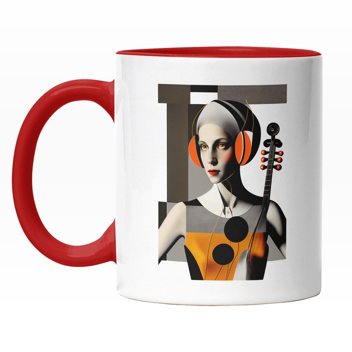Cana Cu Portret Abstract, Fata Ochii Tinuta Portocaliu, Chitara, Multicolor 330 ml, Maner Rosu