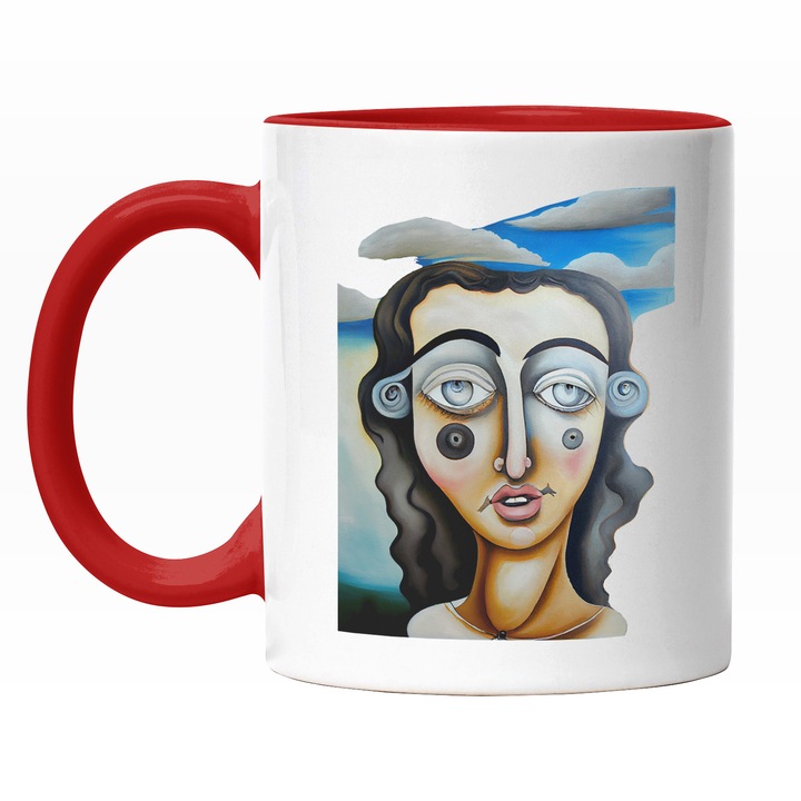 Cana Cu Portret Pictura Caricatura Femeie Bruneta, Cer Senin, Buze Rosii, Multicolor 330 ml, Maner Rosu